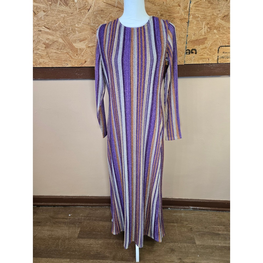 Kendall + Kylie Purple Orange Metallic Striped Pleated Maxi Dress‎ Size 8/10